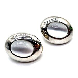 Vintage Silvertone Clip-On Earrings with Oval White Lucite Cabochons – 1980s